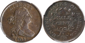 1806 Draped Bust Half Cent. C-1. Rarity-1. Small 6, Stemless Wreath. AU-50 (PCGS).

PCGS# 1093. NGC ID: 222J.