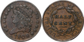 1809/'6' Classic Head Half Cent. C-5. Rarity-1. 9/Inverted 9. EF-45 (PCGS). CAC.

PCGS# 1126. NGC ID: CZEZ.