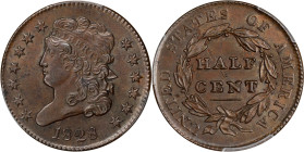 1828 Classic Head Half Cent. C-3. Rarity-1. 13 Stars. MS-63 BN (PCGS).

PCGS# 1147. NGC ID: 222V.