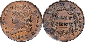 1828 Classic Head Half Cent. C-3. Rarity-1. 13 Stars. AU-55 (PCGS).

PCGS# 1147. NGC ID: 222V.

From the Springfield Collection.