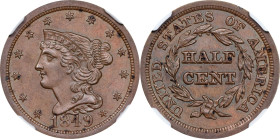 1849 Braided Hair Half Cent. C-1. Rarity-2. Large Date. MS-64 BN (NGC).

PCGS# 1218. NGC ID: F73D.