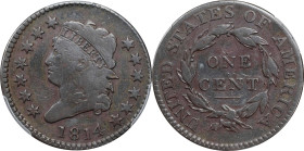 1814 Classic Head Cent. S-295, B-2. Rarity-1. Plain 4. VG-8 (PCGS).

PCGS# 1576. NGC ID: 224Y. GREYSHEET ID: 868.