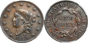 1829 Matron Head Cent. N-6. Rarity-1. Large Letters. AU-50 (PCGS).

PCGS# 1663. NGC ID: 225K.

From the Senator Platt Family Collection, started p...
