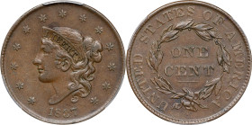 1837 Modified Matron Head Cent. N-6. Rarity-2. Plain Cords, Medium Letters. EF-45 (PCGS).

PCGS# 1735. NGC ID: 225U.