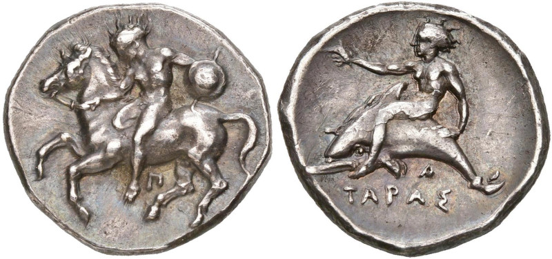 CALABRE, TARENTE, AR nomos, 380-345 av. J.-C. D/ Ephèbe nu ten. un bouclier rond...