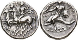 CALABRE, TARENTE, AR nomos, 281-272 av. J.-C. D/ Les Dioscures à cheval, galopant à g. Au-dessus, . À l'ex., ΣΩΔΑΜΟΣ. R/ Taras chevauchant un dauphin...