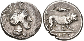 LUCANIE, VELIA, AR didrachme, 305-290 av. J.-C. Groupe de Philistion. D/ T. casquée d'Athéna à d., le casque lauré et orné d'une aile. Derrière le cou...