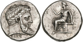 BRUTTIUM, LOKROI EPIZEPHYROI, AR statère, vers 350 av. J.-C. D/ T. l. de Zeus à d. En dessous, ΙΕYΣ. R/ Eiréné assise à g. sur un cippe décoré d'un bu...