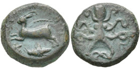 SICILE, MESSANA, AE bronze, vers 350 av. J.-C. D/ MEΣΣANIΩN Lièvre courant à g. Au-dessus, lagobolon. En dessous, K et sauterelle. R/ Poulpe. SNG ANS ...