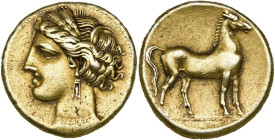 ZEUGITANE, CARTHAGE, El. statère, 290-270 av. J.-C. D/ T. de Tanit à g., cour. d'épis, parée d'un collier et d'un triple pendant d'oreille. R/ Cheval ...
