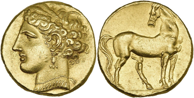 ZEUGITANE, CARTHAGE, AV trihémistatère ou tridrachme attique en or, vers 264 av....