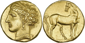 ZEUGITANE, CARTHAGE, AV trihémistatère ou tridrachme attique en or, vers 264 av. J.-C. D/ T. de Tanit-Perséphone à g., couronnée d'épis, les cheveux r...