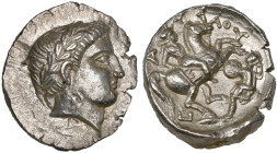 ROYAUME DE PÉONIE, Patraos (340-315), AR tétradrachme. D/ T. l. d'Apollon à d. R/ Π-A-TAOY Cavalier coiffé d'un casque avec une haute crête, terrassa...