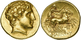ROYAUME DE MACÉDOINE, Philippe II (359-336), AV statère, vers 323-315 av. J.-C., Amphipolis. D/ T. l. d'Apollon à d. R/ ΦΙΛΙΠΠOY Bige au galop à d. So...