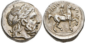 ROYAUME DE MACÉDOINE, Philippe II (359-336), AR tétradrachme, 323-316 av. J.-C., Amphipolis. D/ T. l. de Zeus à d. R/ ΦΙΛΙΠ-ΠOY Cavalier au pas à d., ...
