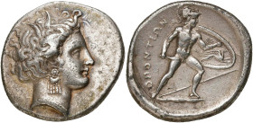 LOCRIDE, LOCRI OPONTIOI, AR statère, vers 350 av. J.-C. D/ T. de Perséphone à d., cour. d'épis, portant une boucle d'oreille faite d'une rosace et de ...