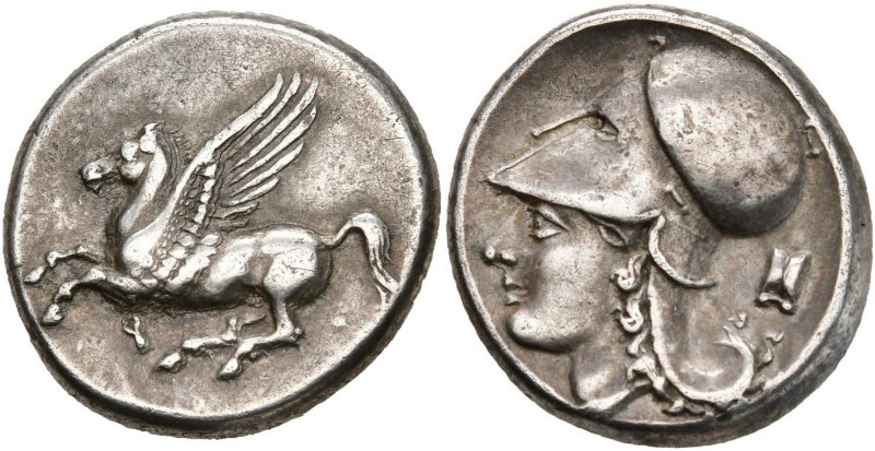 CORINTHE, AR statère, 386-307 av. J.-C. D/ Pégase en vol à g. Dessous, . R/ T. ...