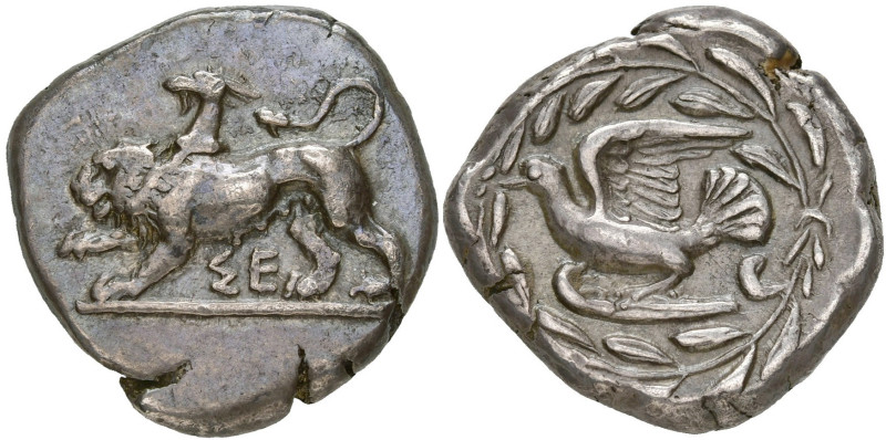 SICYONIE, SICYONE, AR statère, 430-390 av. J.-C. D/ Chimère allant à g. Entre le...