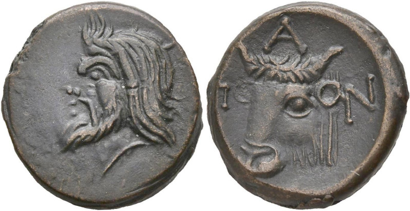 BOSPHORE CIMMÉRIEN, PANTICAPÉE, AE bronze, 4e-3e s. av. J.-C. D/ T. de Pan à g. ...