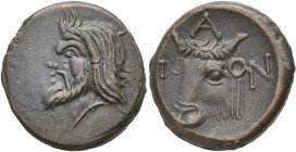 BOSPHORE CIMMÉRIEN, PANTICAPÉE, AE bronze, 4e-3e s. av. J.-C. D/ T. de Pan à g. R/ Π-A-N T. de taureau à g. SNG BM 890-893; SNG München 22; Shelov 63;...