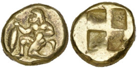 MYSIE, CYZIQUE, El hecté, 500-450 av. J.-C. D/ Satyre agenouillé à g., ten. un thon. R/ Carré creux quadriparti. von Fritze 122; SNG Paris 270. 2,63 g...