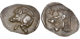 MYSIE, CYZIQUE, AR 1/48e de statère, 480-400 av. J.-C. D/ Protome de sanglier à g. Derrière, thon. R/ T. de lion à g. Au-dessus, étoile. Le tout dans ...