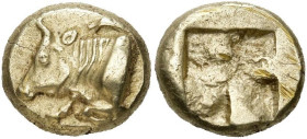 IONIE, PHOCÉE, El. hecté, 477-388 av. J.-C. D/ Protome de taureau à g. Au-dessus, un petit phoque à d. R/ Carré creux quadriparti. Bodenstedt 58; SNG ...