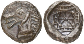 CARIE, KINDYA, AR diobole, vers 500-490 av. J.-C. D/ T. de ketos à g. R/ Petit cercle incus dans un carré incus, décorés de stries et de lignes dispos...