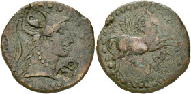 ESPAGNE, EMPORION, AE as, après 35. D/ T. casquée de Pallas à d. Contremarques: dauphin dans un cercle de points et DD. R/ Pégase à d. En dessous, EMΠ...