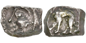 GAULE CELTIQUE, Ruteni, AR drachme, 1er s. av. J.-C. Type de Fouzilhon. D/ T. à g., la chevelure striée. R/ Sanglier ithyphallique à g., aux longues p...