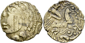GAULE CELTIQUE, Aulerci Eburovices, AV hémistatère, 1er s. av. J.-C. Type au visage tatoué. D/ T. stylisée à g., diad. et cour. de gui. Sous le diadèm...