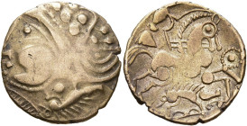 GAULE CELTIQUE, Aulerci Eburovices, AV hémistatère, vers 56 av. J.-C. Type au sanglier. D/ T. stylisée à g., la chevelure formée de globules. En desso...