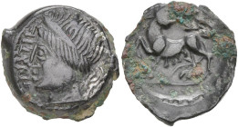 GAULE CELTIQUE, Carnutes, AE bronze, vers 40-30 av. J.-C. Série PIXTILOS. Classe II à la louve. D/ T. fém. diad. à g. Devant, PIXTIL. R/ Louve à l'arr...