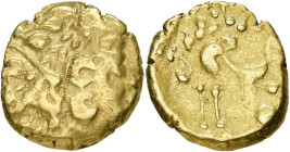 GAULE BELGIQUE, Ambiani, AV statère, 1er s. av. J.-C. Type biface. Classe I b. D/ T. réaliste à d., avec une large couronne, le nez et les lèvres figu...