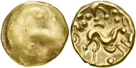 GAULE BELGIQUE, Ambiani, AV statère, vers 60 av. J.-C. Type uniface. Classe I. D/ Surface bombée lisse. Restes d'une tête. R/ Cheval à gorge fourchue ...
