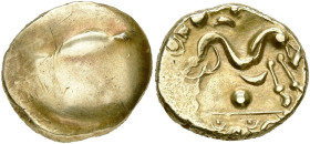 GAULE BELGIQUE, Ambiani, AV statère, vers 60 av. J.-C. Type uniface. Classe III. D/ Surface bombée lisse. R/ Cheval stylisé à d. En dessous, un globul...