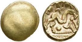 GAULE BELGIQUE, Ambiani, AV statère, vers 60 av. J.-C. Type uniface. Classe IV. D/ Droit lisse avec traces d'ornements sur le bord. R/ Cheval stylisé,...