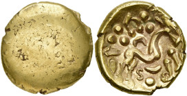 GAULE BELGIQUE, Ambiani, AV statère, vers 60 av. J.-C. Type uniface. Classe V. D/ Droit lisse. R/ Cheval stylisé à d. En dessous, deux S perlés de par...