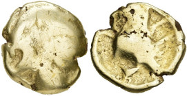 GAULE BELGIQUE, vallée de la Somme, AV quart de statère. Série I. Classe II. Type uniface. D/ Surface bombée et lisse. Traces du motif au bateau. R/ M...