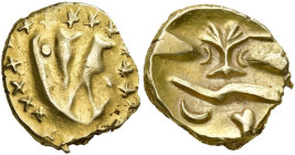 GAULE BELGIQUE, vallée de la Somme, AV quart de statère au bateau. Classe I/II. Type biface à l'arbre et à la ligne brisée. D/ Motif dit "au bateau": ...