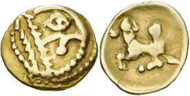 GAULE BELGIQUE, Bellovaci, AV quart de statère. Classe I. D/ Profil très schématisé à d. R/ Cheval galopant à g. Scheers, Traité, -; Delestrée-Delplac...