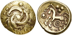 GAULE BELGIQUE, Eburones, AV statère, après 54 av. J.-C. Classe I. D/ Triskèle dont le centre est formé d'un globule et dont les bras se terminent par...