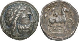 DACIE, AR tétradrachme, fin 3e s. av. J.-C. Type de Philippe II à la légende complète. D/ T. l. de Zeus à d. R/ ΦΙΛΙΠΠ-OV Cavalier ten. une palme, men...