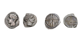 GAULE TRANSALPINE, Massalia, lot de 2 oboles: 340-215 av. J.-C., T. à d. avec favoris, MHM 10; T. à g., MHM 31. Very Fine.