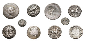 DANUBE, lot de 4 tétradrachmes et 1 drachme: type d'Aninoasa-Dobresti (kinnloser Typ); imitation de Philippe II à légende complète (2), imitation de P...