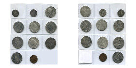 FRANCE, Royaume, lot de 11 p.: Louis XIV, 20 sols aux insignes, 1707 &; Louis XV, petit louis d'argent (tiers d'écu), 1720 A (traces de monture); écu ...