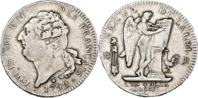 FRANCE, Constitution (1791-1792), AR écu constitutionnel, 1792 BB, an 4, Strasbourg. Type FRANÇAIS. D/ T. nue à g., les cheveux noués par un ruban. R/...
