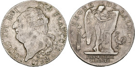 FRANCE, Constitution (1791-1792), AR écu constitutionnel, 1792 I, an 4, Limoges. Type FRANÇOIS. D/ T. nue à g., les cheveux noués par un ruban. R/ Gén...