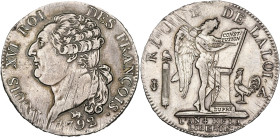 FRANCE, Constitution (1791-1792), AR demi-écu constitutionnel, 1792 A, an 4, Paris. Type FRANÇOIS. D/ T. nue à g., les cheveux noués par un ruban. R/ ...