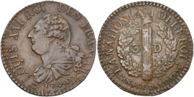 FRANCE, Constitution (1791-1792), Cu 3 deniers, 1792 D (sur L), an 4, Lyon. 2e semestre. Type FRANCOIS. D/ B. dr. à g. R/ Faisceau dans une couronne d...